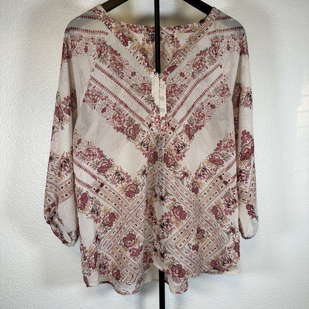 Maurice's Women's Size Large Long Sleeve, Semi-sheer Chiffon Blouse Red Floral